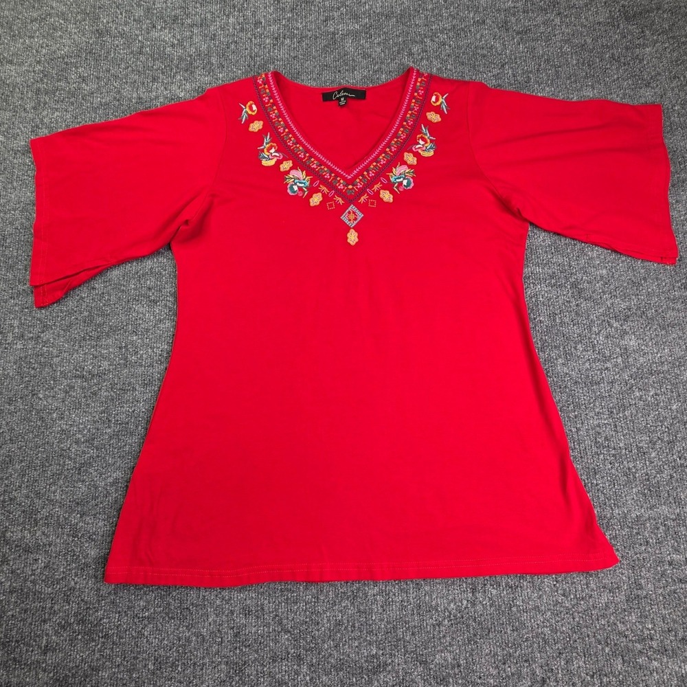 Calessa‎ Embroidered V-Neck Top Womens Medium Red Cotton Blend Flutter Sleeve